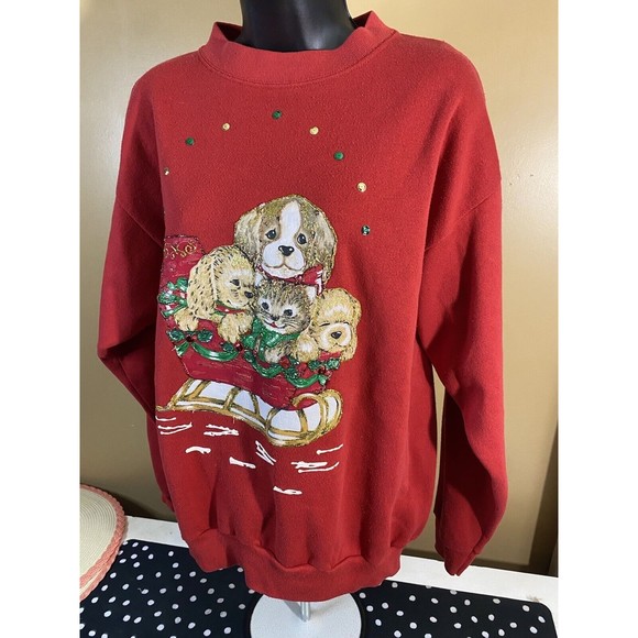Vintage Embroidered/ Puppies In Sleigh Santa With Gifts 2side Sweatshirt Size XL - Picture 9 of 16